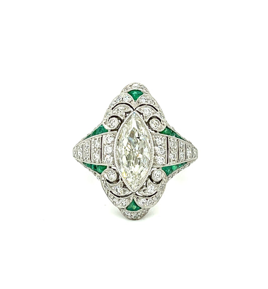 1.03ct Marquise Diamond & Emerald Ring