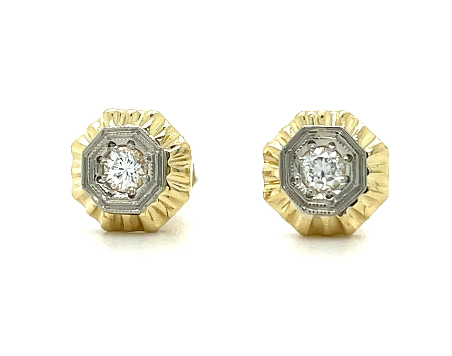 .20ct Round Brilliant Diamonds 14KY Two Tone Gold Vintage Style Earrings with Screw backs