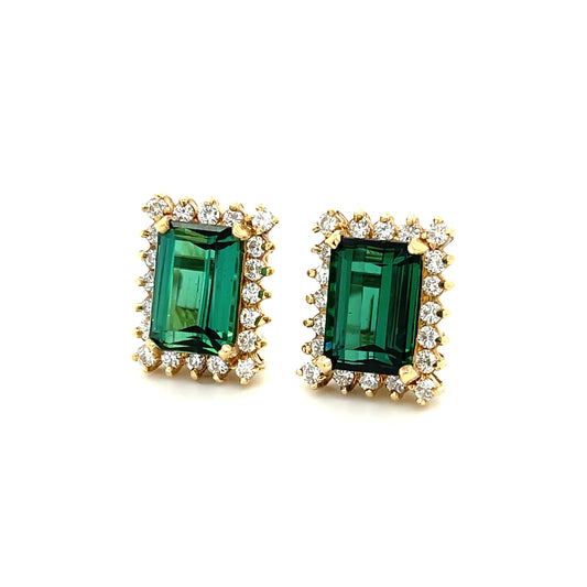 8.50ct Green Tourmaline .90ct Diamond 14KY Vintage Earrings (Circa 1970s)