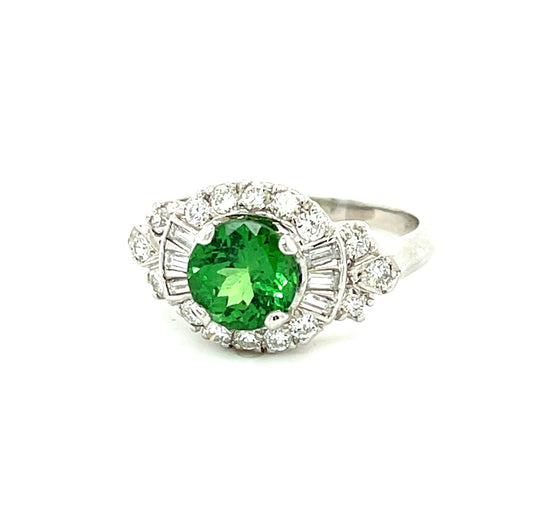 1.44ct Tsavorite Garnet Round .86ct Diamonds Platinum Vintage Ring (Circa 1960s)