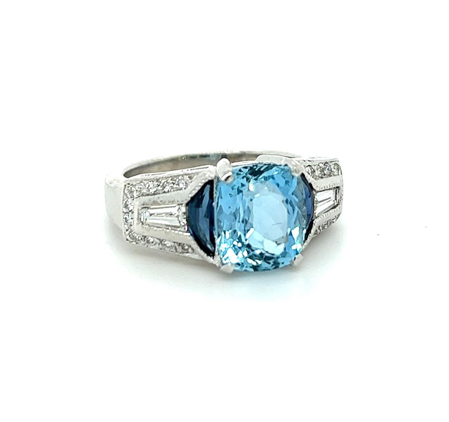 3.15ct Aquamarine, 0.60ctw Sapphire, and 0.44ctw Diamond Platinum Ring
