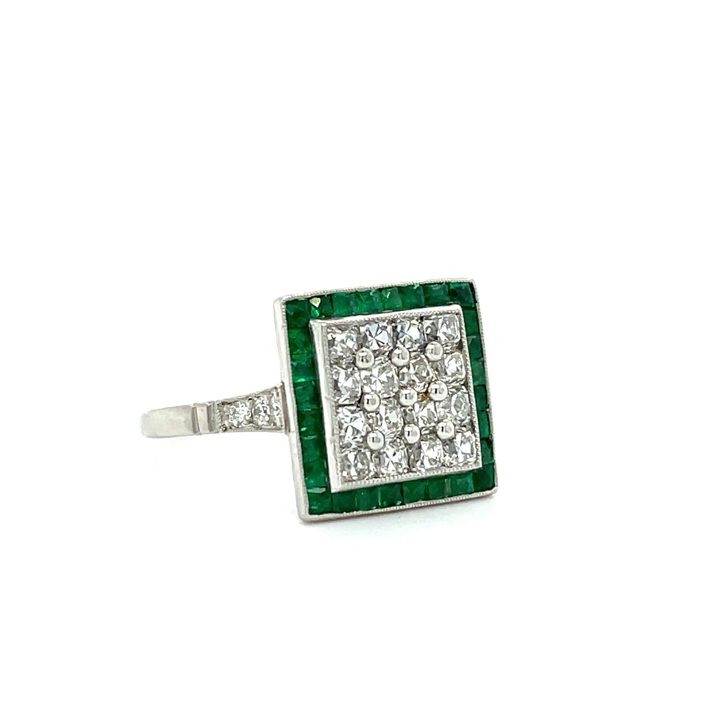 1.20ct Antique Cushion Diamonds 1.10ct French cut Calibre set Emeralds Platinum Handmade Ring