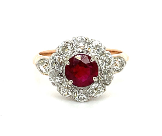 Edwardian (Circa 1900s) 1.12ct Ruby 1.50ct Old European Cut Diamonds Platinum over 18KY Antique Ring