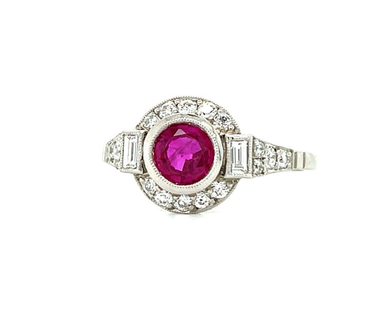 .90ct Burma Ruby .68ct Diamonds (Baguettes & Old European Cuts) Platinum Handmade Ring