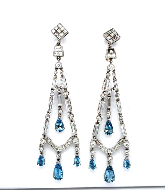 4.50ct Aquamarine (Eight Stones) 2.10ct Diamond Platinum Handmade Chandelier Earrings