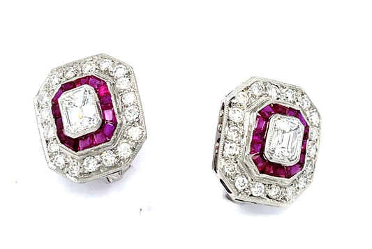 1ct Emerald Cut Diamond 2.20ct Calibre Rubies 1.44ct SD Platinum Handmade Earrings