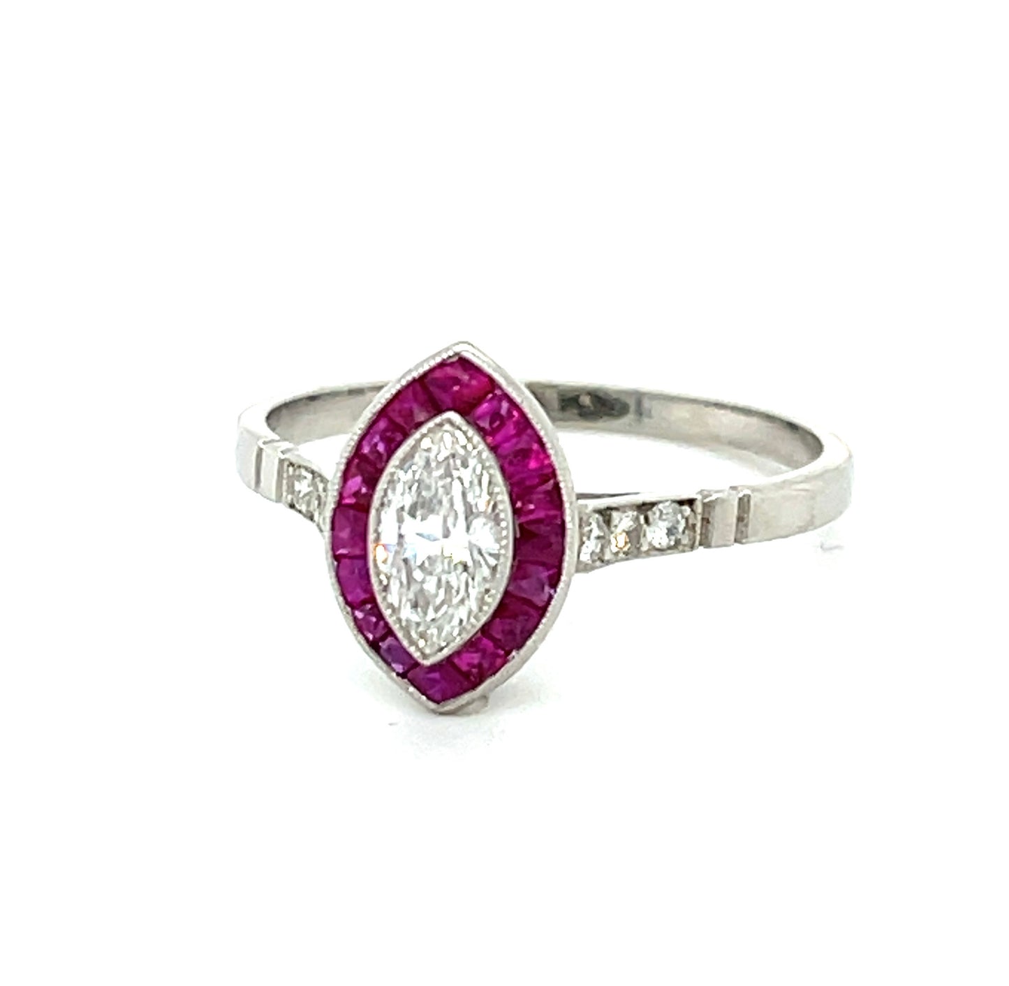 .37ct Marquise Diamond .48ct Calibre set French Cut Rubies Platinum Handmade Ring