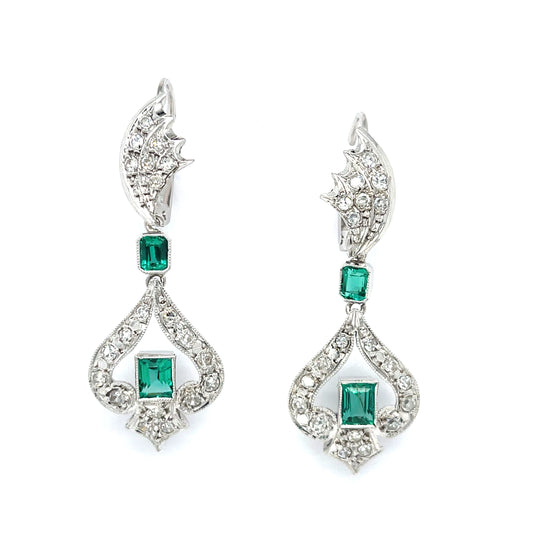 Art Deco (Circa 1920s) 1.20ct Emerald 1.26ct Diamond Palladium Vintage Drop Earrings