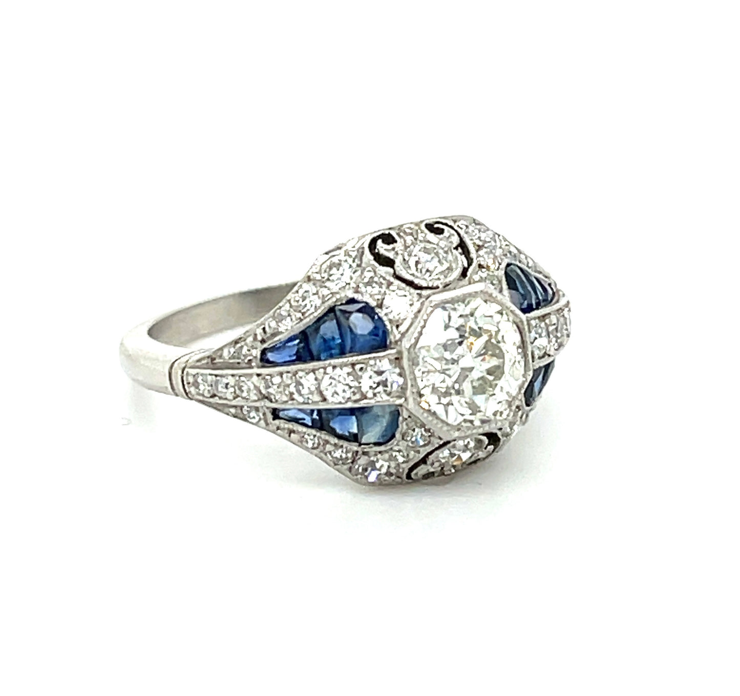 .93ct Old European Cut Diamond 1.40ct Calibre Sapphires 1ct (38 Side Diamonds) Platinum Handmade Ring