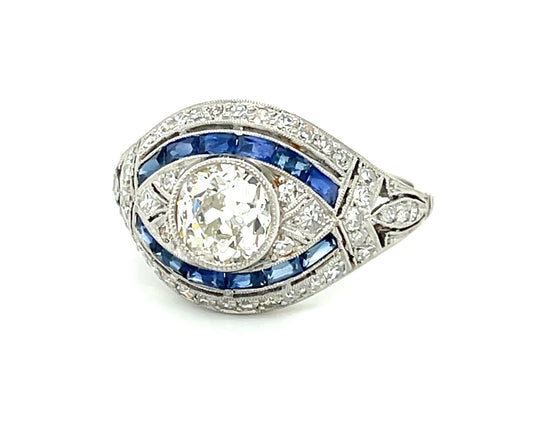 1.11ct Old Mine Cut Diamond 1.20ct Calibre French Cut Sapphires .90ct SD Platinum Handmade Ring