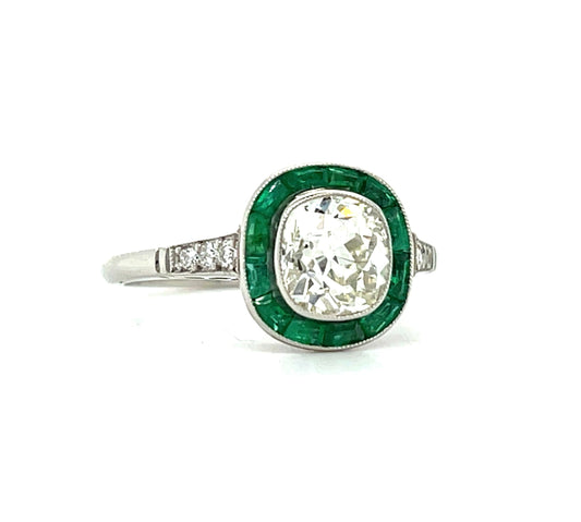 1.18ct Old European Cut Diamond .66ct Calibre Set French cut Emeralds .14ct SD Platinum Ring