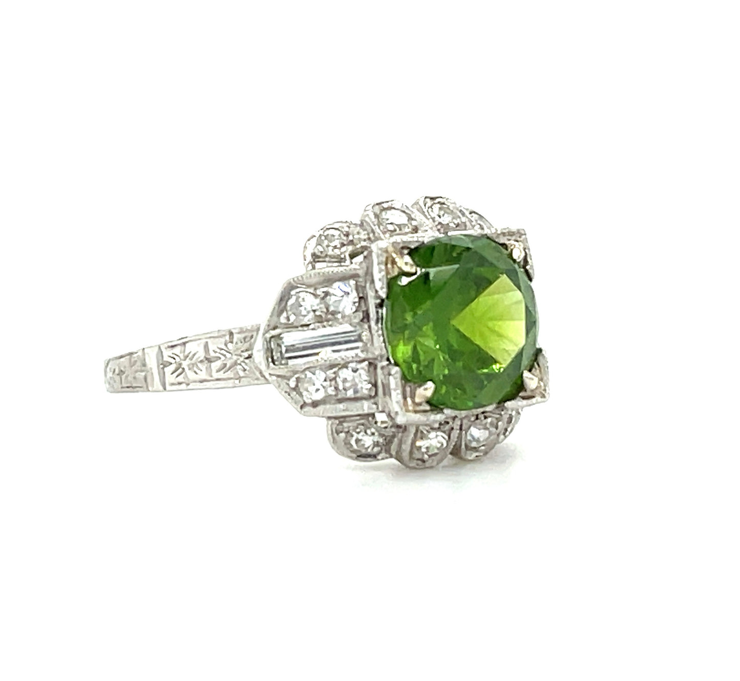 Art Deco (Circa 1920s) 1.86ct Russian Ural Mountains Demantoid Garnet .38ct Diamonds Platinum Antique Ring