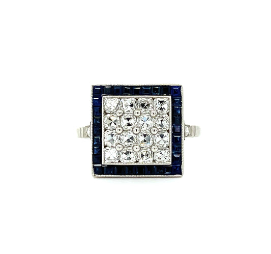 1.18ct Antique Cushion Diamond 1.60ct Calibre Sapphires (32 Stones) Modern Handmade Platinum Ring
