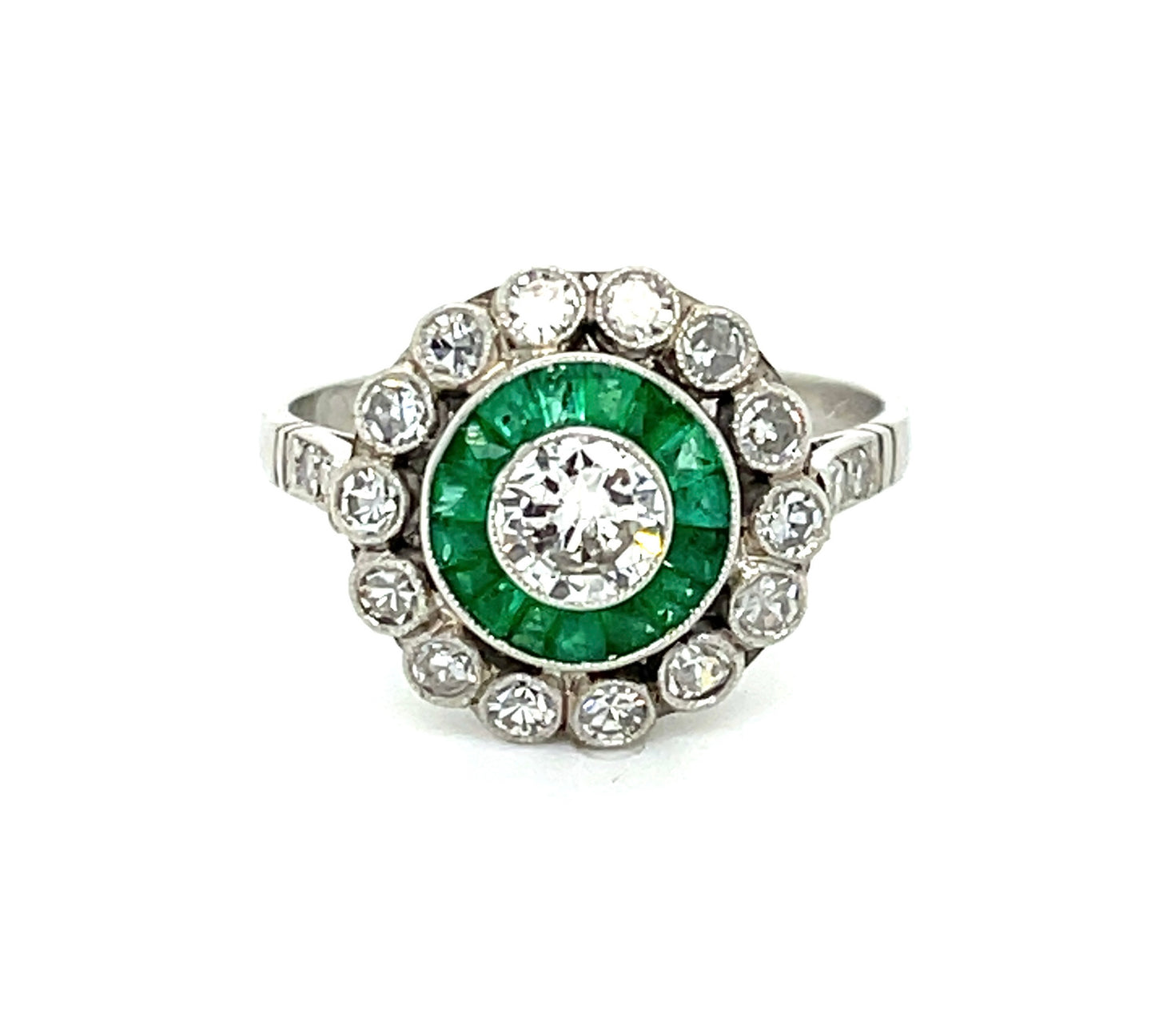 .36ct Round Brilliant Diamond .64ct Calibre Emeralds Platinum Handmade Ring