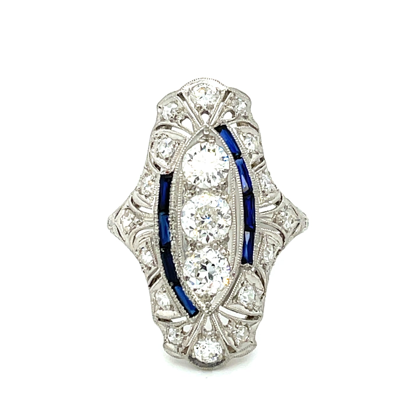 Art Deco (Circa 1920s) 1.25ct Three Old European Cut Center Diamonds 1.10ct SD Platinum Antique Ring