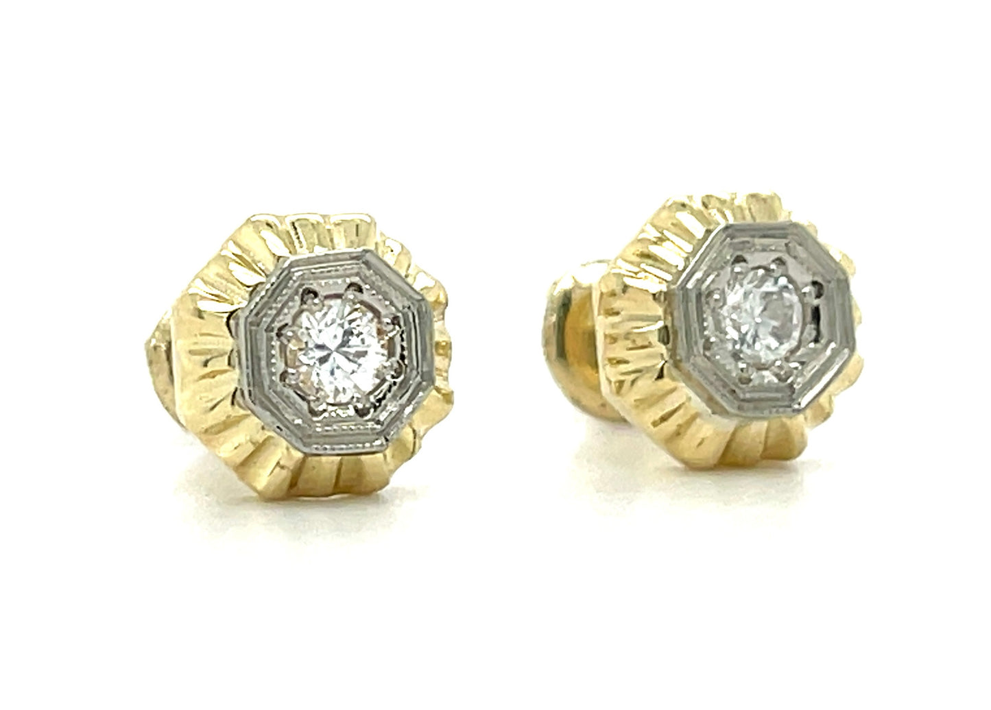 .20ct Round Brilliant Diamonds 14KY Two Tone Gold Vintage Style Earrings with Screw backs