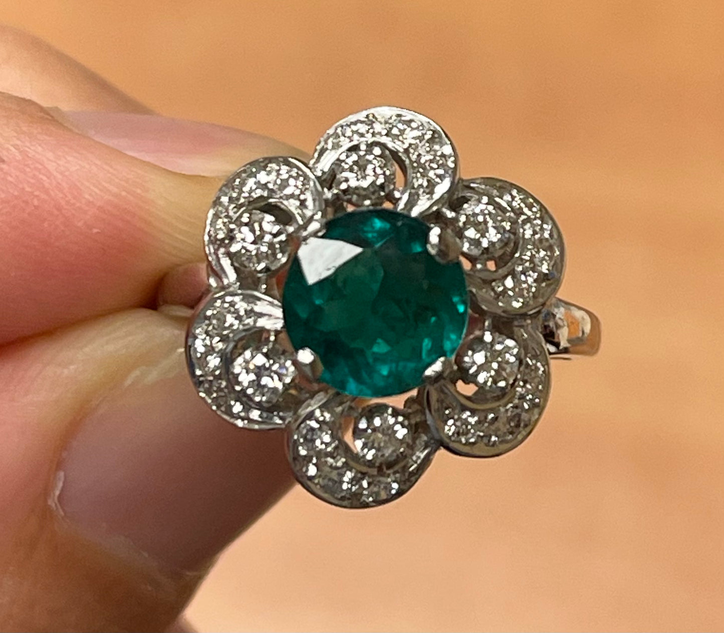 1.32ct Emerald .70ct Diamond Platinum Vintage Ring (Circa 1960s)