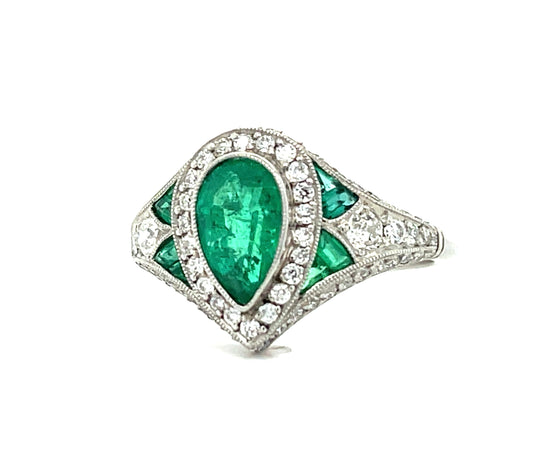 1.15ct Pear Shaped Emerald 1.10ct SD Handmade Platinum Ring