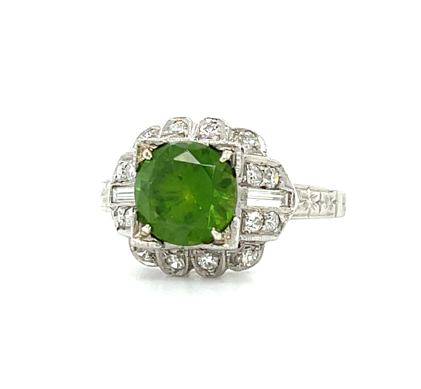 Art Deco (Circa 1920s) 1.86ct Russian Ural Mountains Demantoid Garnet .38ct Diamonds Platinum Antique Ring
