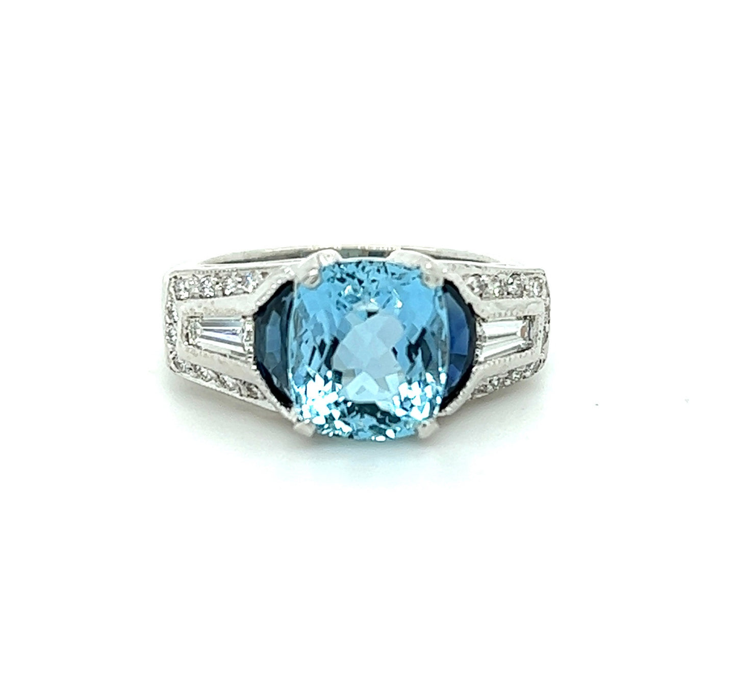 3.15ct Aquamarine, 0.60ctw Sapphire, and 0.44ctw Diamond Platinum Ring
