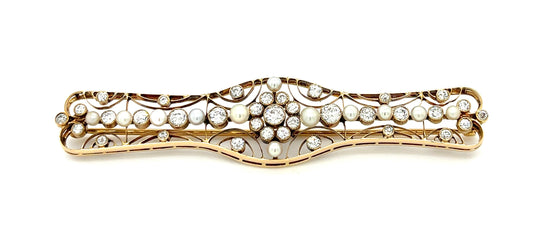 Victorian (Circa 1880s) 2ct Old Mine Cut Diamonds (35 Stones) Natural Pearls 14KY Antique Brooch