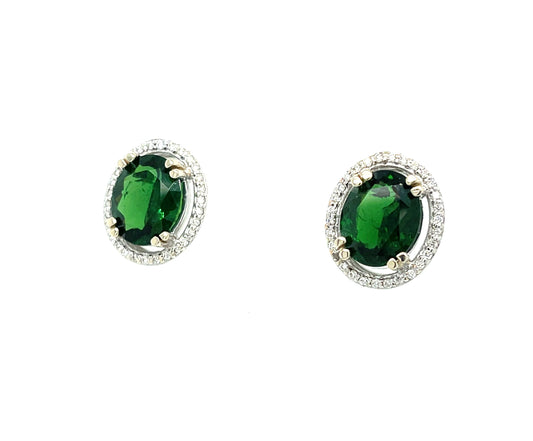 4.75ct Green Tourmaline Oval Shape .22ct Diamonds (60 stones) 14KW Stud Earrings