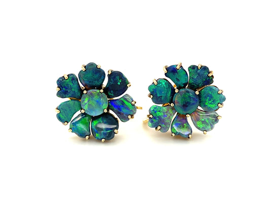 16ct Black Australian Opal 14KY Vintage Earrings (Circa 1960s)