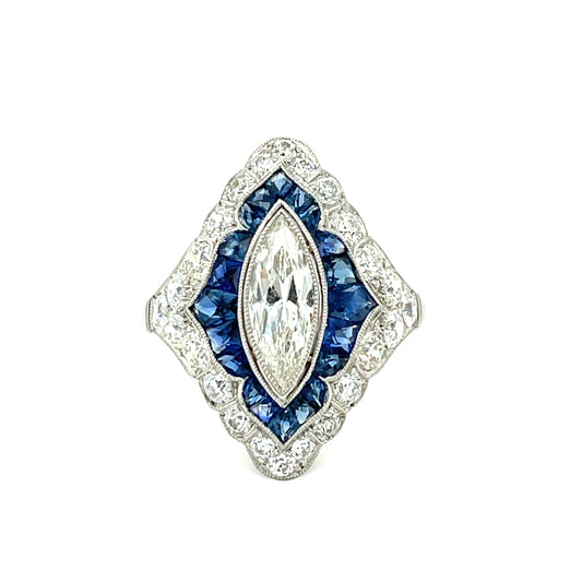 1.01ct Marquise Diamond 1.50ct Calibre Set French Cut Sapphires 1.40ct SD Platinum Handmade Ring
