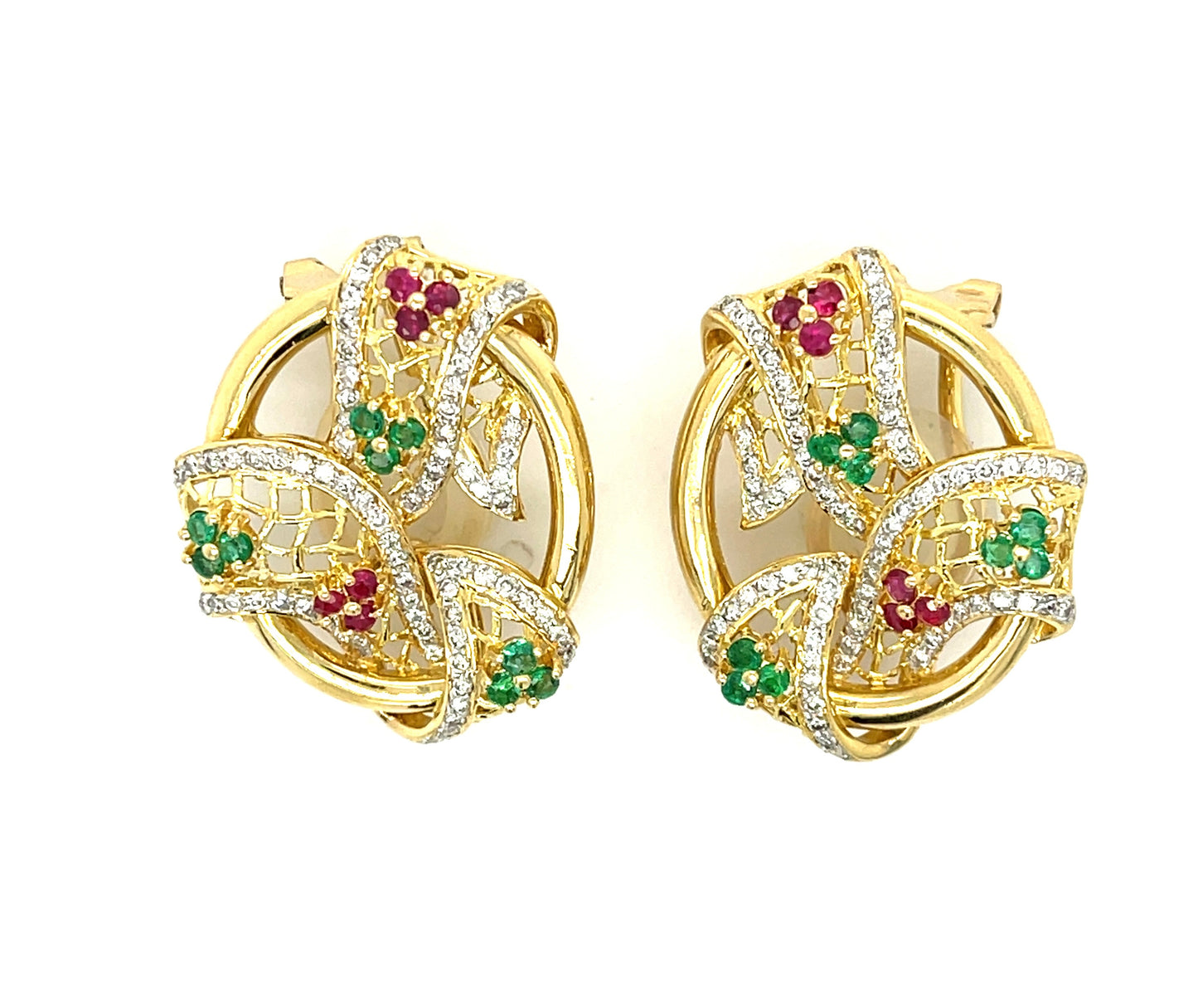 1.08ct Diamond .37ct Ruby .49ct Emerald 18KY Vintage Earrings (Circa 1970s)