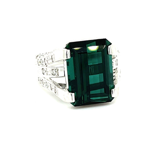8.72ct Bluish Green Tourmaline Emerald Cut .59ct Diamonds Estate (Circa 1970s) Platinum Ring