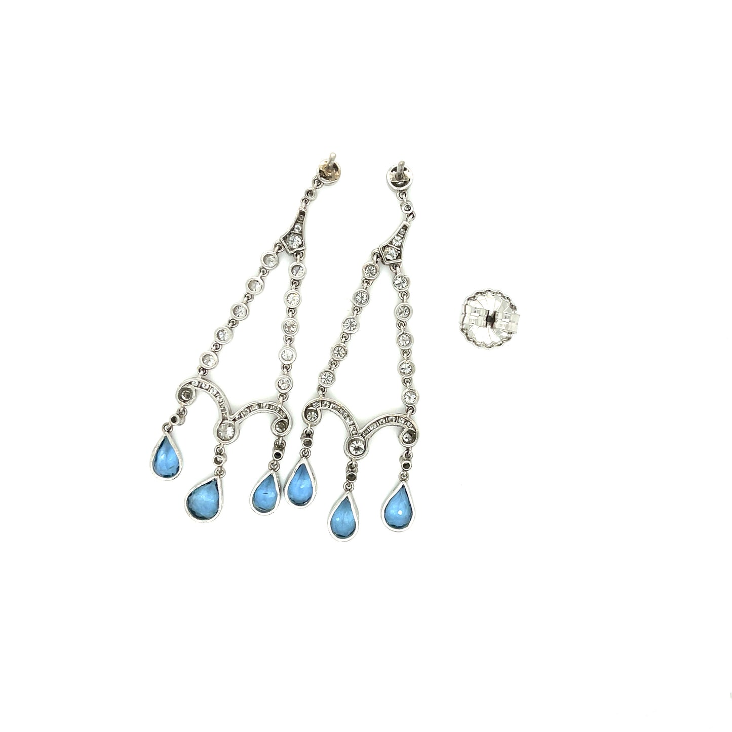 3.25ct Pear Shaped Aquamarines 2.36ct Diamond Platinum Chandelier Earrings