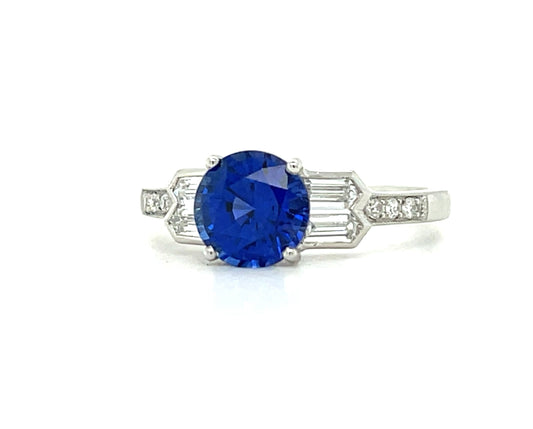 1.65ct Blue Sapphire .52ct Baguette/Round Brilliant Diamonds Platinum Estate Ring