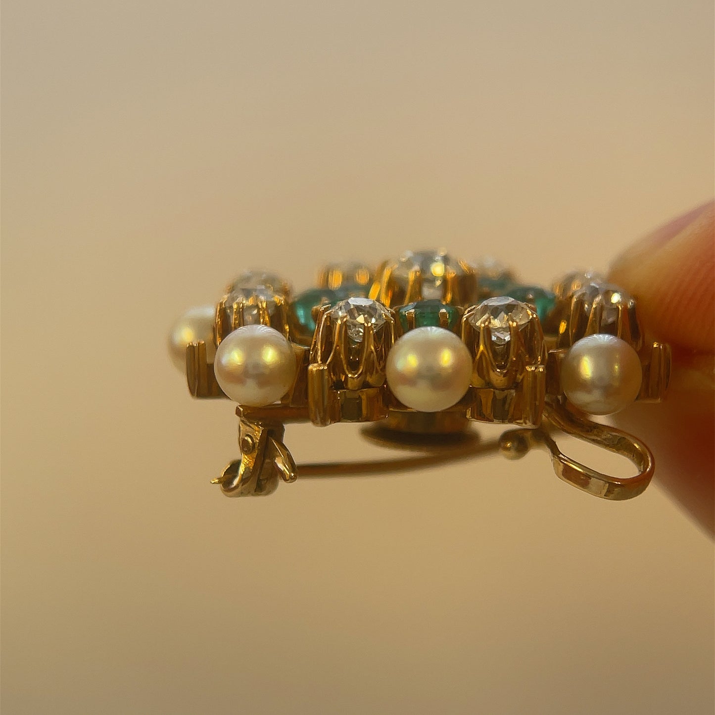 Victorian (Circa 1880s) 1.50ct Old European Cut Diamonds 1ct Emeralds & Natural Pearl 14KY Antique Pendant/Necklace
