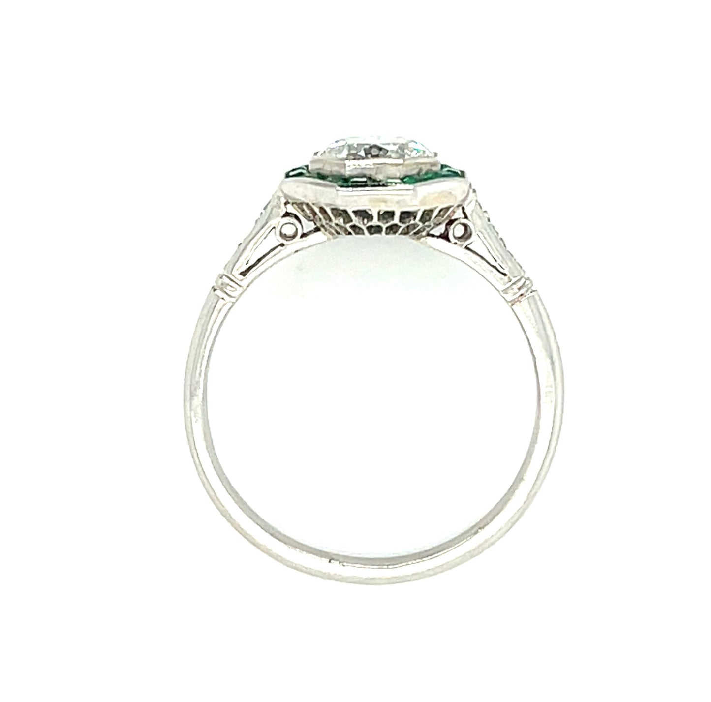 1.20ct Old European Cut Diamond Octagon Shape .80ct Calibre Emeralds .12ct SD Handmade Platinum Ring