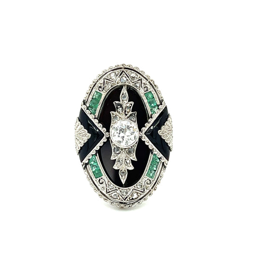 Art Deco (Circa 1920s) .60ct Old European Cut Diamond .75ct Calibre Emerald & Onyx Platinum Antique Ring
