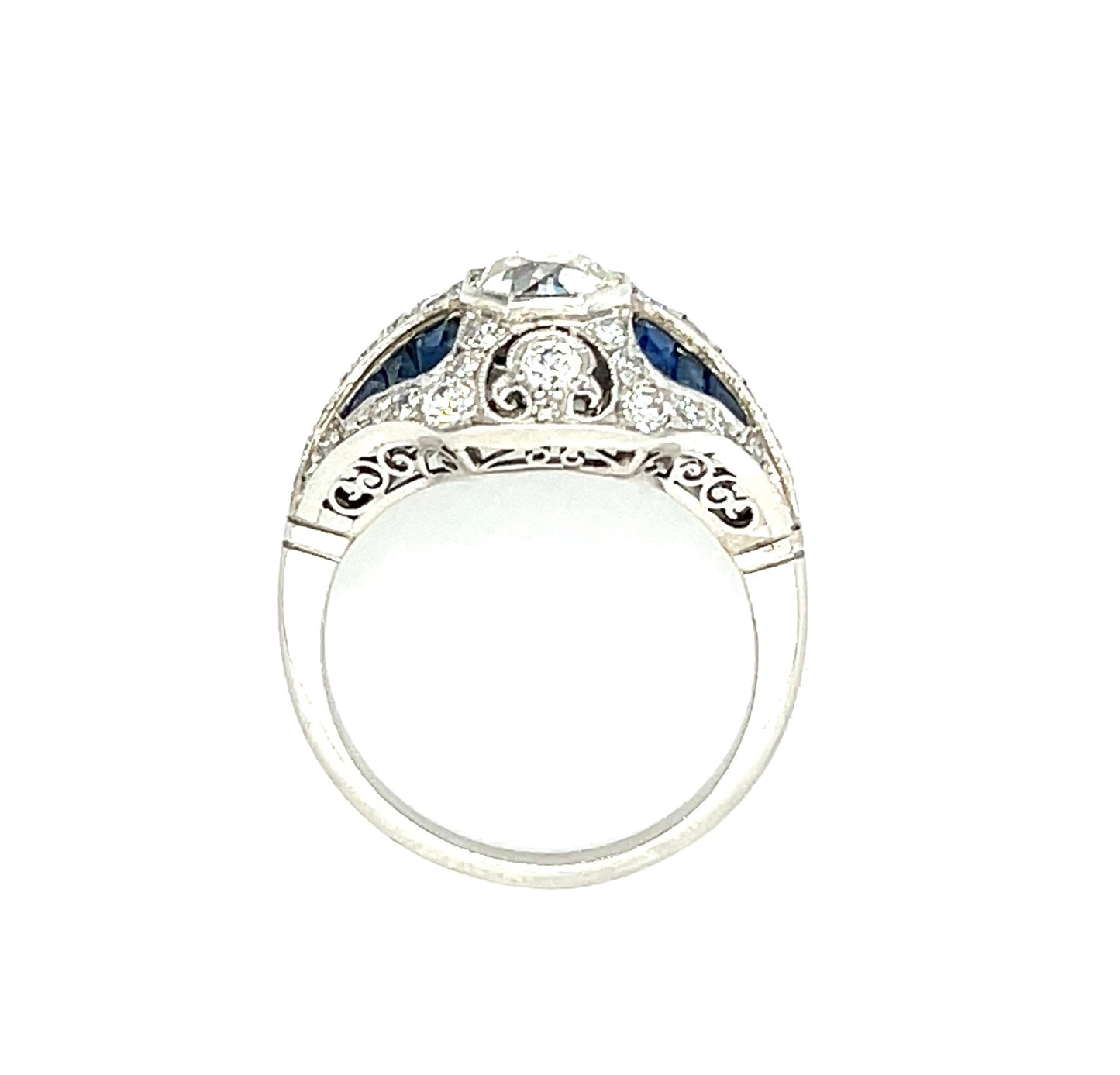 .93ct Old European Cut Diamond 1.40ct Calibre Sapphires 1ct (38 Side Diamonds) Platinum Handmade Ring