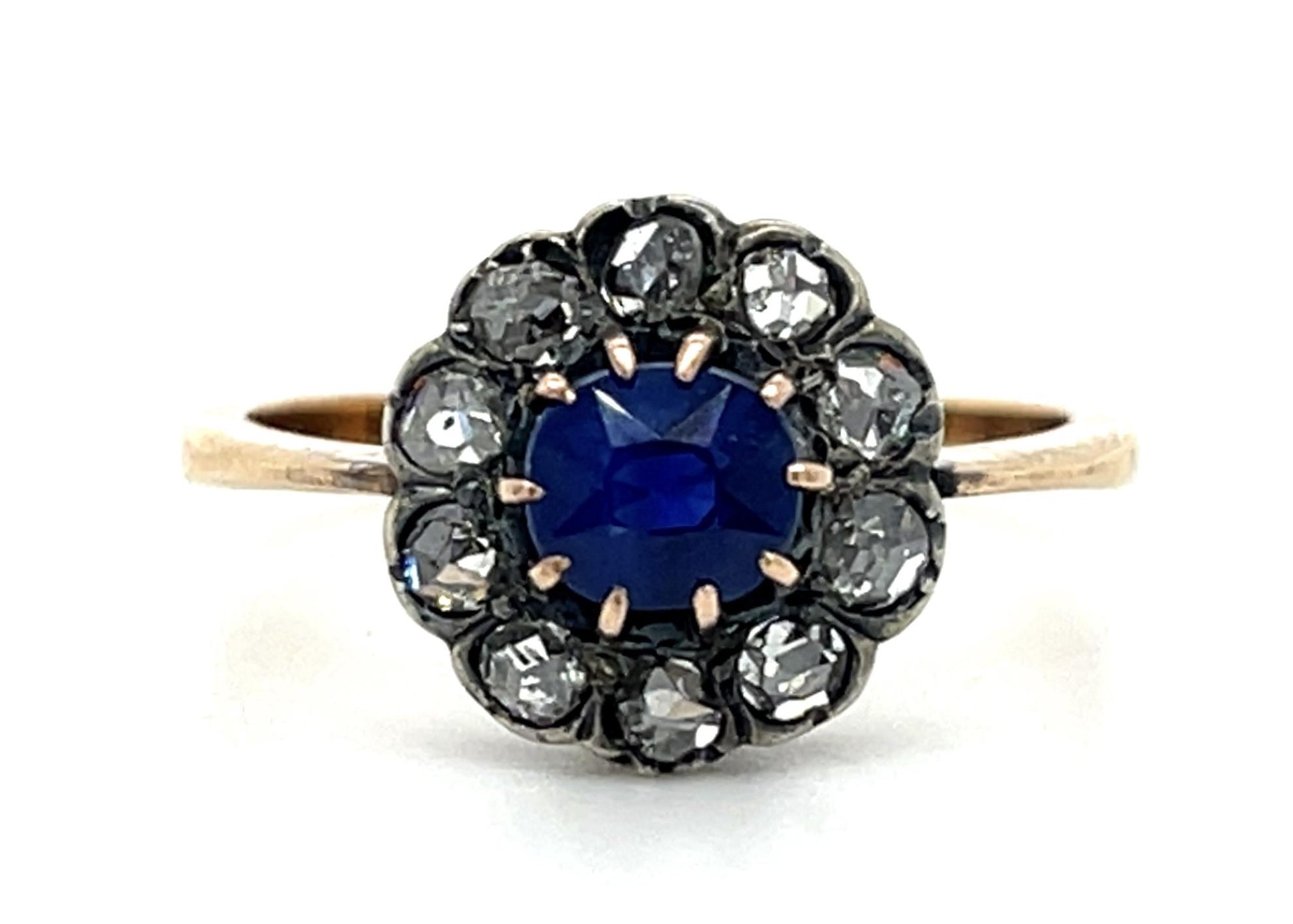 Victorian .45ct Sapphire .50ct Rose Diamond 14KY+Silver Ring (Antique 1890s) 3g