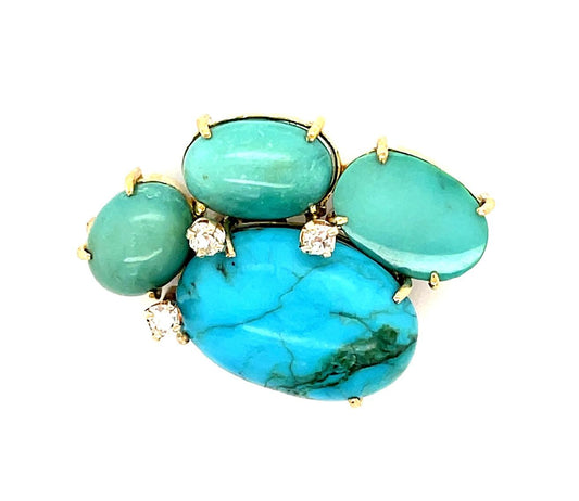 20ct Turquoise .30ct Diamond 14KY Estate Brooch 1.50" 8.90g