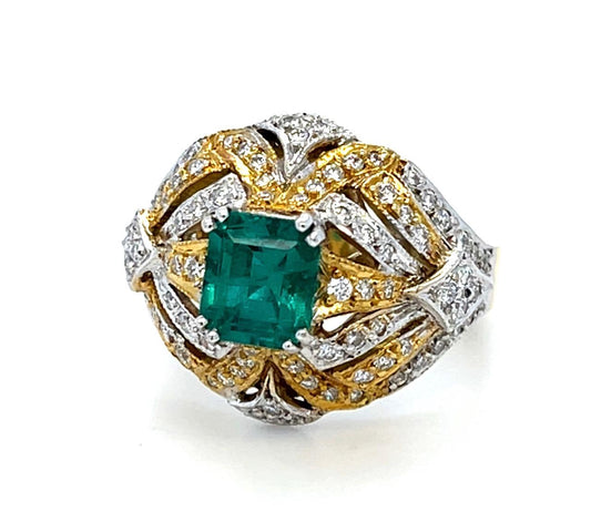 1.19ct Emerald 1.64ct Diamond 18KY Two Tone Ring