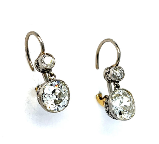 2.95ct Old Mine Cushion Diamonds .30ct SD Platinum+18KY Dangle Earrings 4.13g