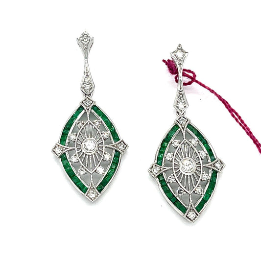 .85ct Emerald 14KW Drop Earrings .40ct Diamonds 1.25" 4.50g