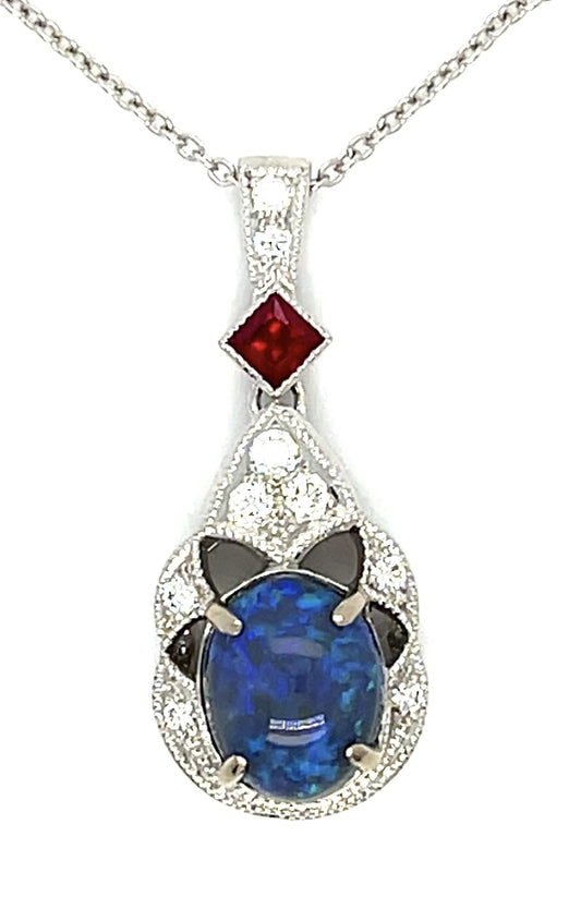 1.52ct Opal .17ct Ruby 18KW Pendant .16ct Diamond 3.80g 14KY Chain 16"