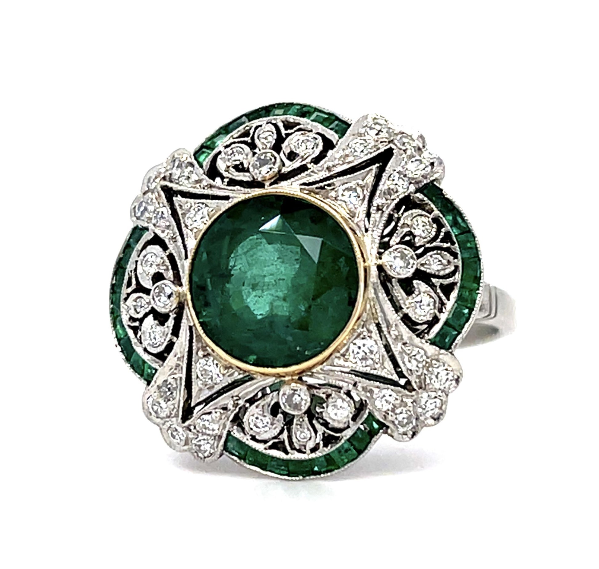 3.31ct Emerald .48ct OMC Dia .55ct Calibre Set Emeralds Platinum Handmade Ring