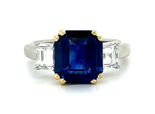 4.19ct Sapphire 1.10ct Square Cut Diamond Platinum+18KY Estate Ring 6 Size 8.59g