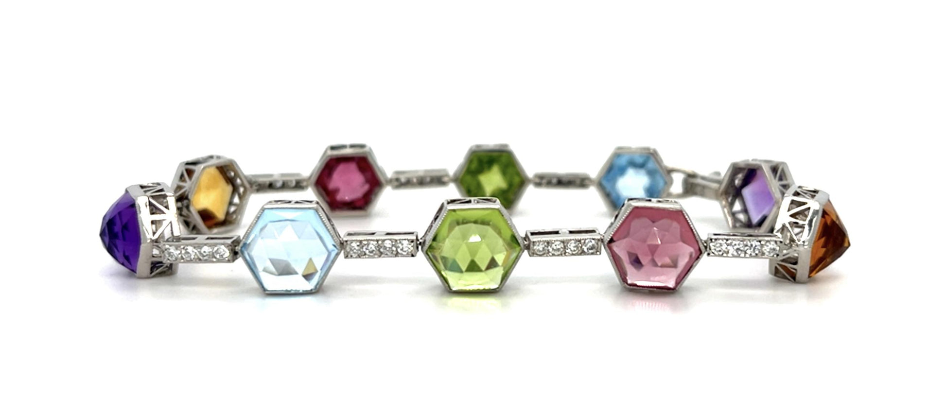 25ct Hexagon Semi Precious Gemstone .78ct Diamond Platinum Bracelet 19.13g 7.50"