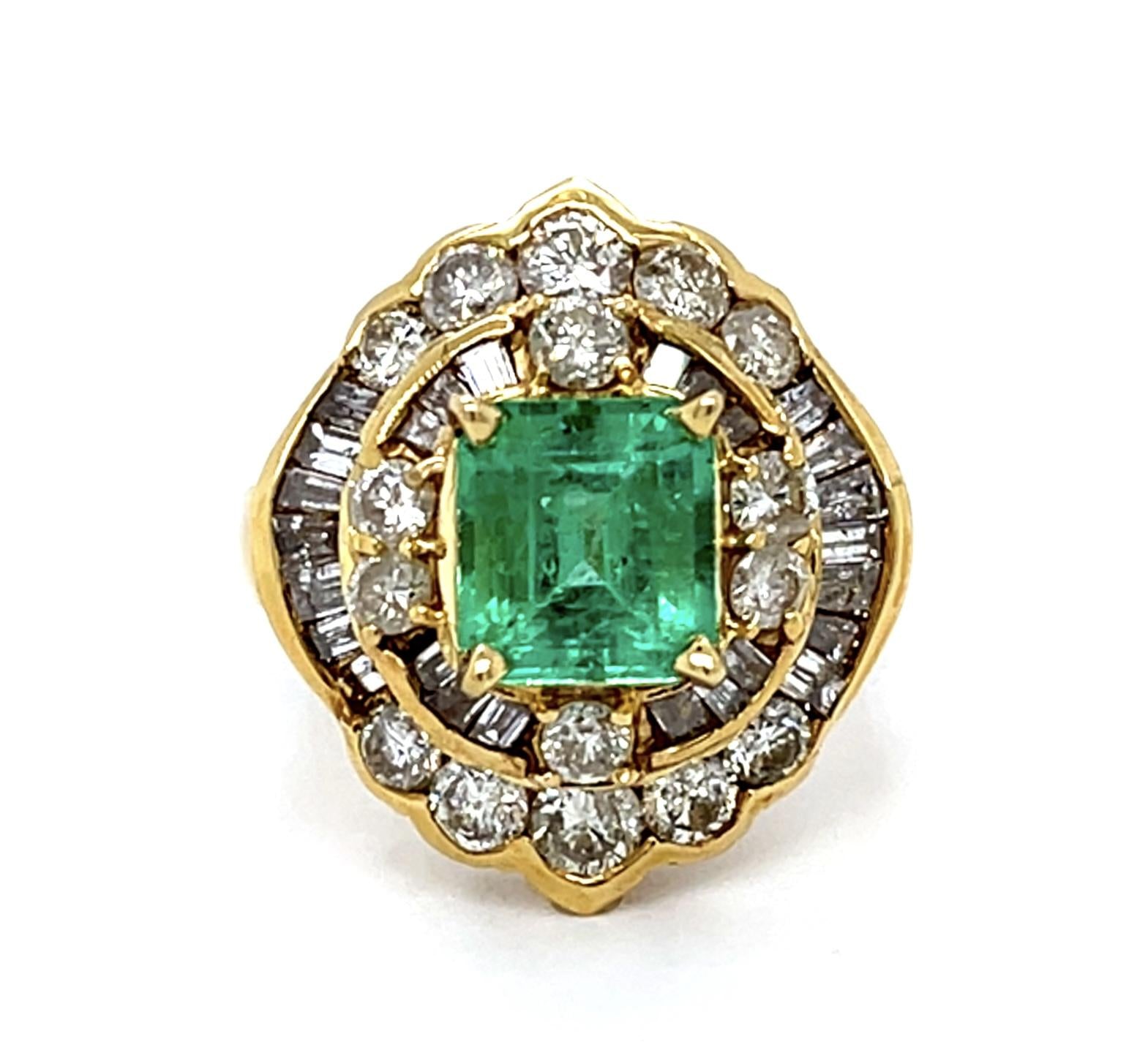 1.75ct Emerald 1.25ct Diamond 18KY Ring (Estate 1960s) 6.25 Size 9.55g