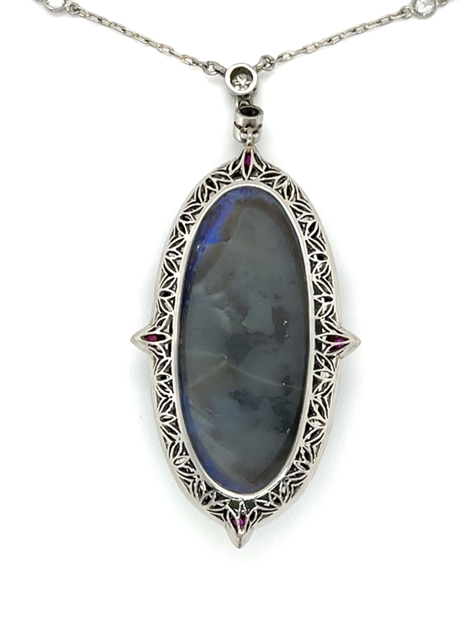 29.50ct Black Australian Crystal Opal Platinum Necklace 1ct Ruby 1ct Diamond