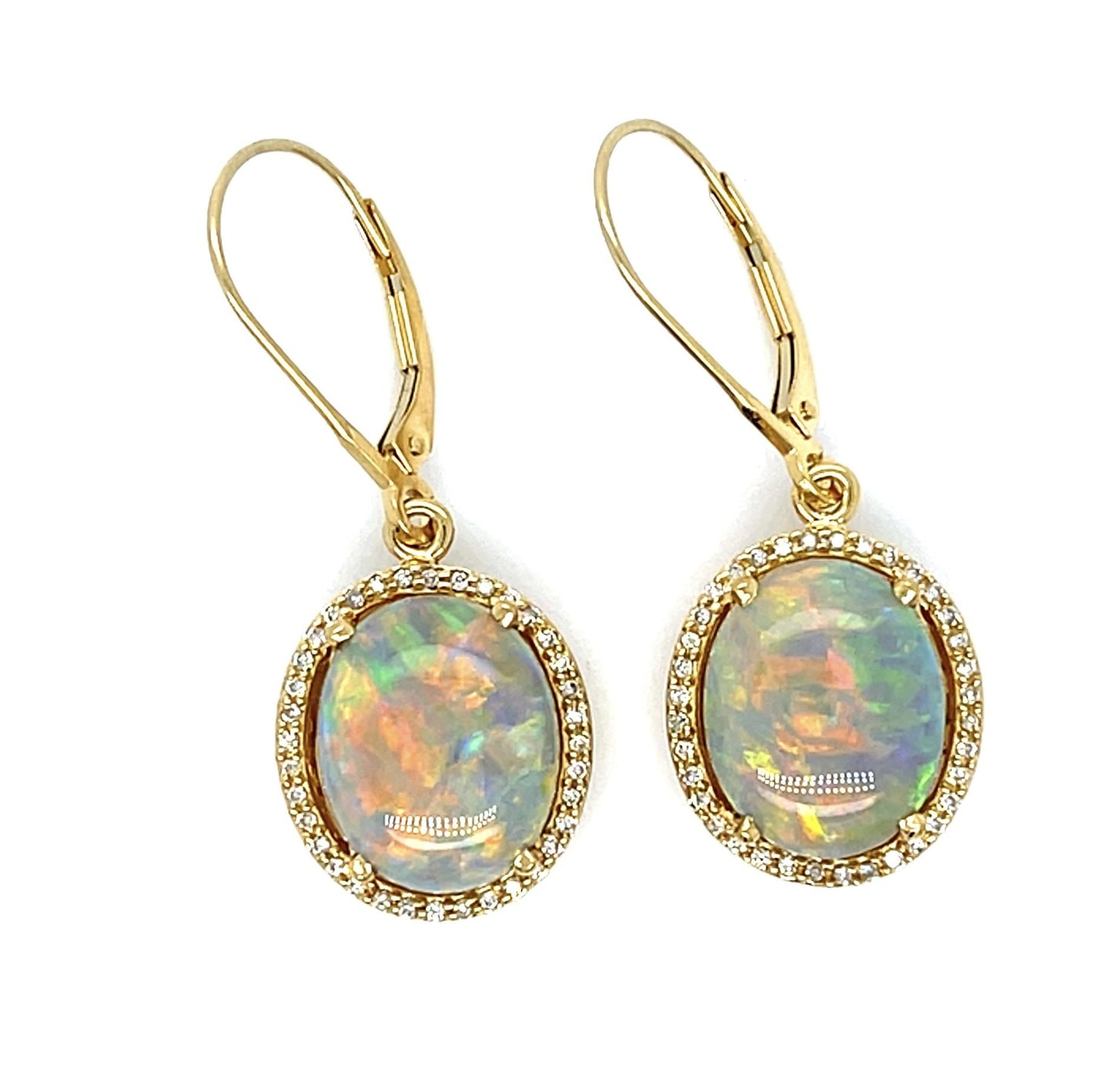 3.15ct Australian Crystal Opal 14KY Drop Earrings .28ct Diamonds