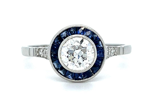 .68ct Old European Diamond .66ct Sapphire Platinum Handmade Ring 3.20g 7.50 Size