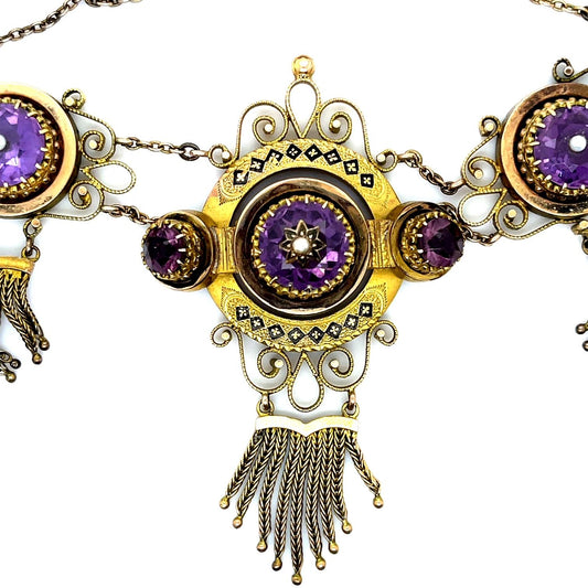 Original Victorian 18ct Amethyst 14KY Antique Necklace with tassels (c 1870s)